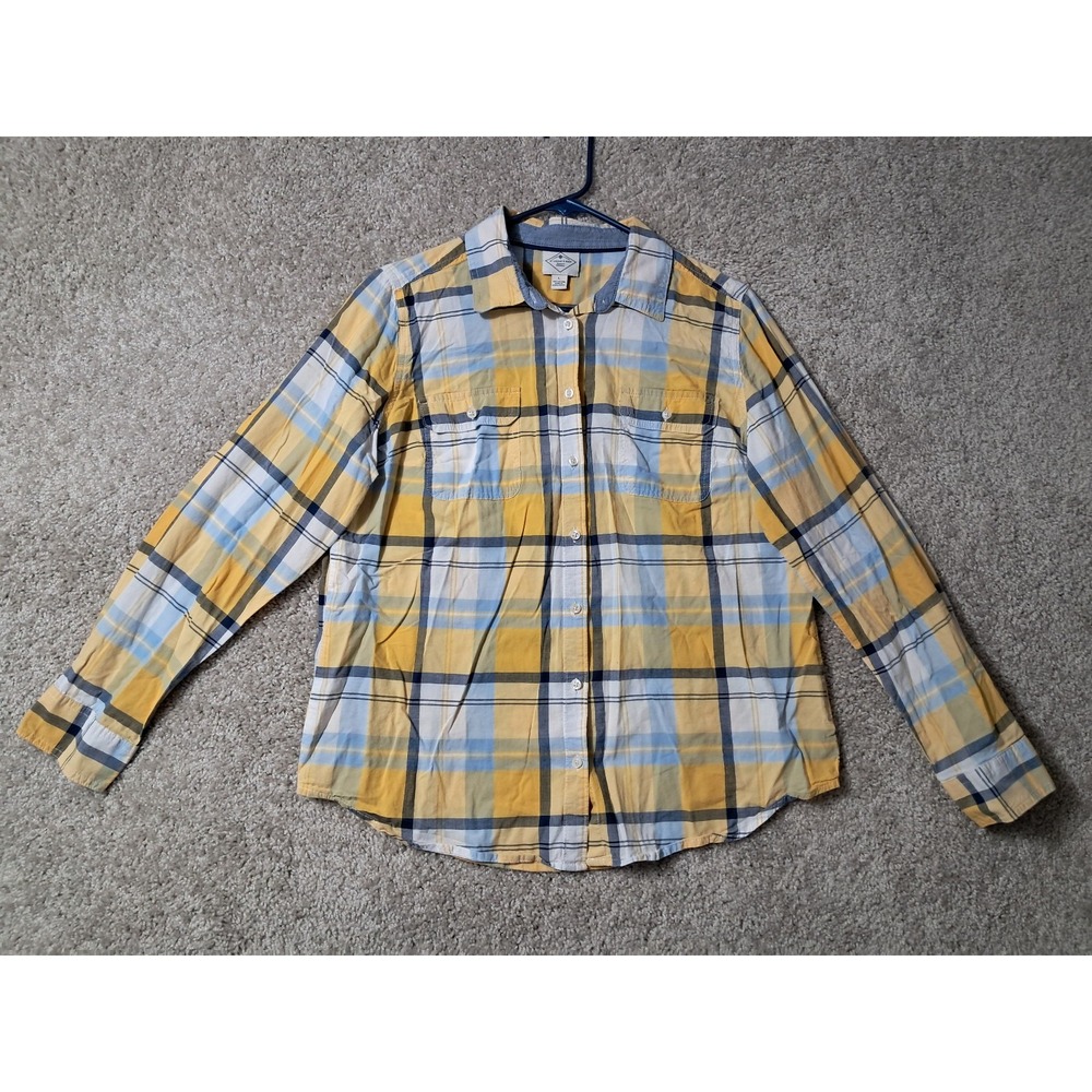 St. Johns Bay Shirt Womens L Yellow Plaid Button Up Long Sleeve Ladies